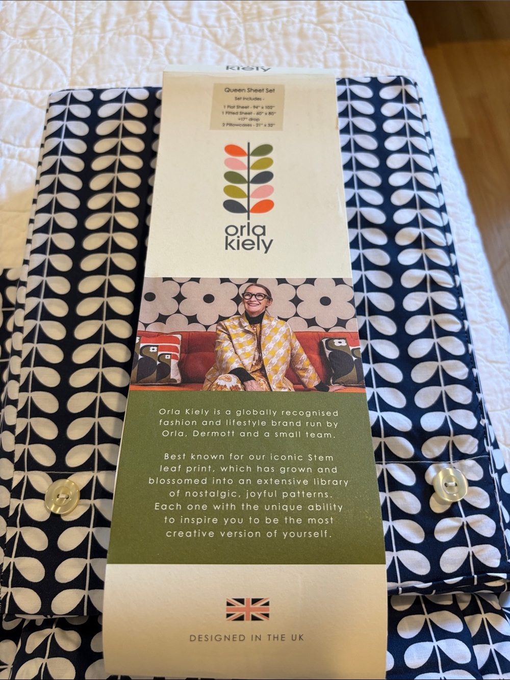Orla Kiely Tiny Stem Navy & White Queen Bedding Set-EUC